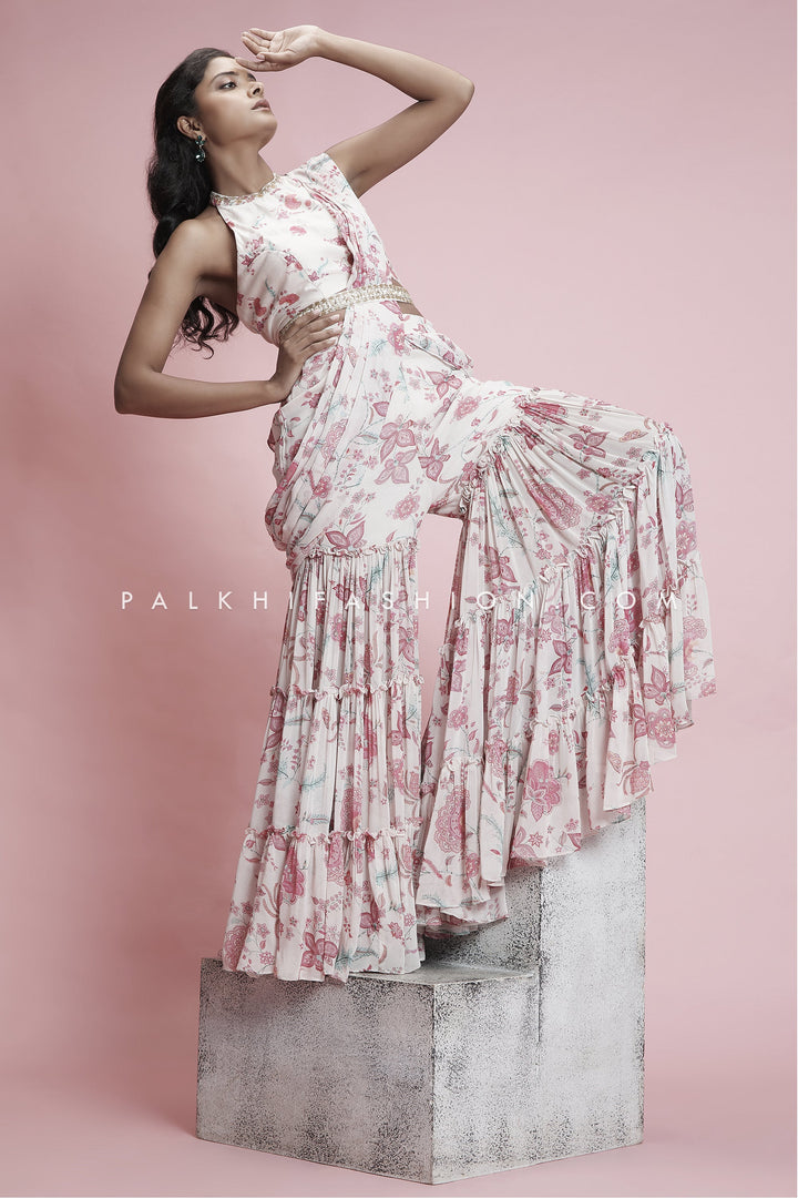 Off-white/Peach Ready To Wear Palazzo Saree From Palkhi Fashion - Palkhi Fashion