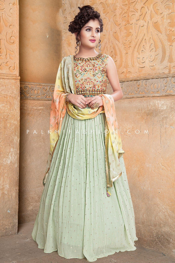 Pastel Green Girls Lehenga Choli With Shibori Dupatta - Palkhi Fashion