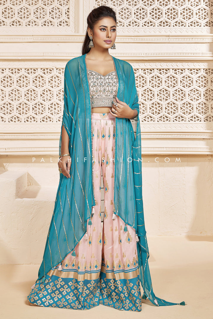 Peach/Blue Designer Crop Top Palazzo Outfit With Cape - Palkhi Fashion