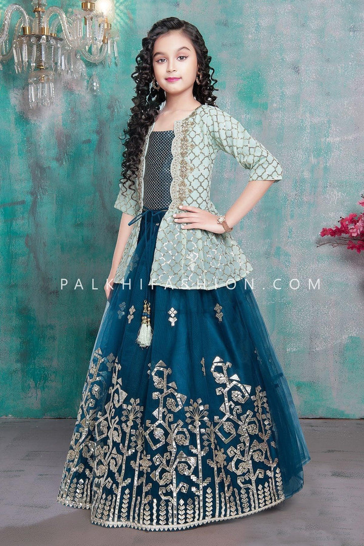 Petrol Blue Jacket Lehenga Choli With Stunning Style - Palkhi Fashion