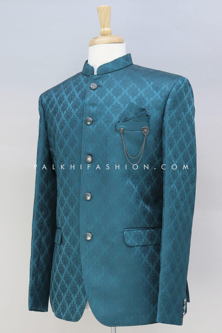 Petrol Blue Pure Silk Jodhpuri Suit With Classic Embroidery - Palkhi Fashion
