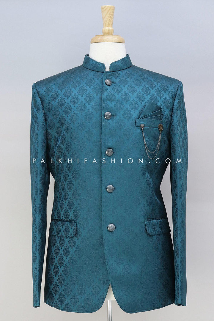 Petrol Blue Pure Silk Jodhpuri Suit With Classic Embroidery - Palkhi Fashion