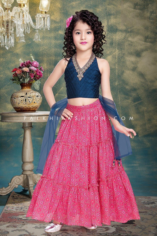 Pink/Blue Girls Lehenga Choli With Bandhani Work - Palkhi Fashion