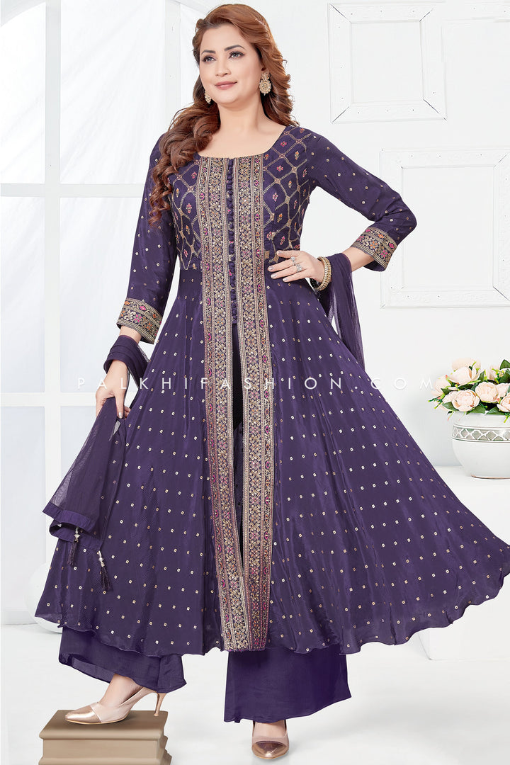 Purple Color Front Slit Palazzo Outfit With Elegant Work - Palkhi Fashion