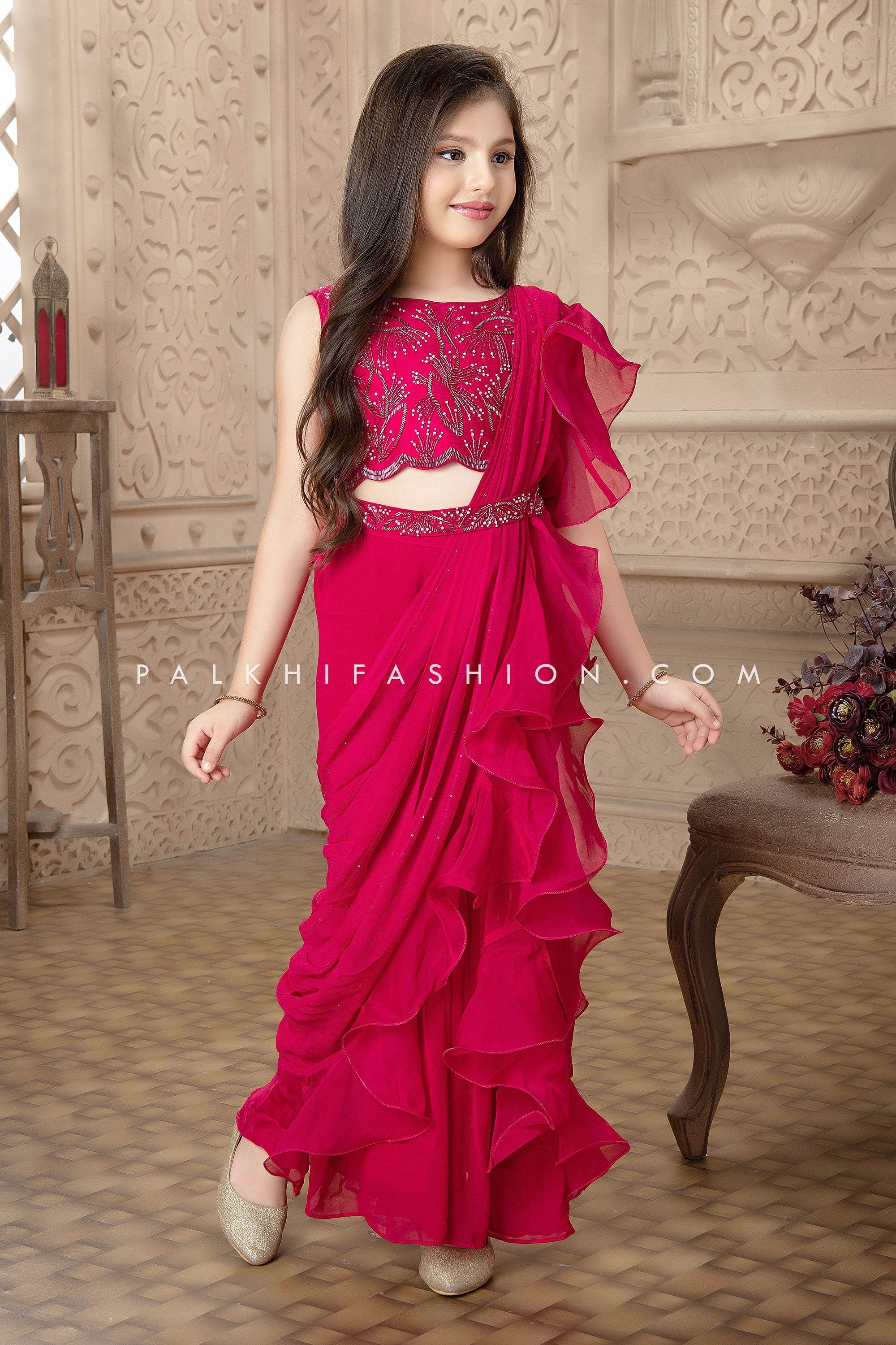 Rani Pink Palazzo Saree With Handwork Blouse - Palkhi Fashion