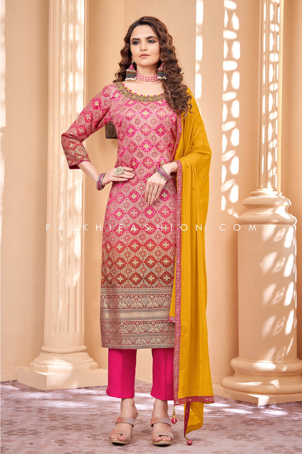 Rani pink/Maroon Ombre Straight Cut Outfit With Weaving Designs - Palkhi Fashion