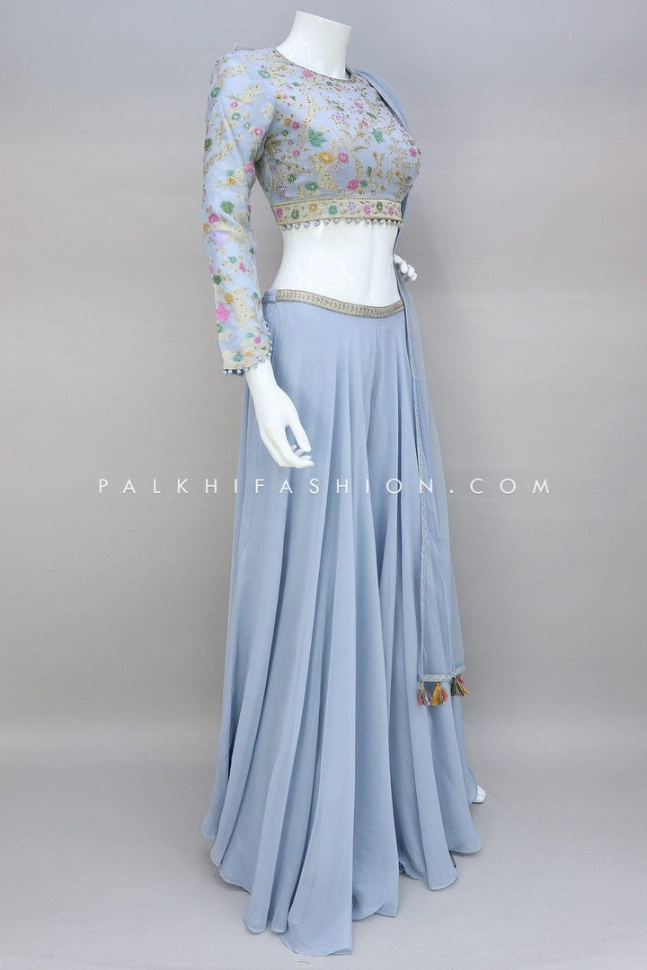 Regal Powder Blue Designer Crop Top And Palazzo Outfit - Palkhi Fashion