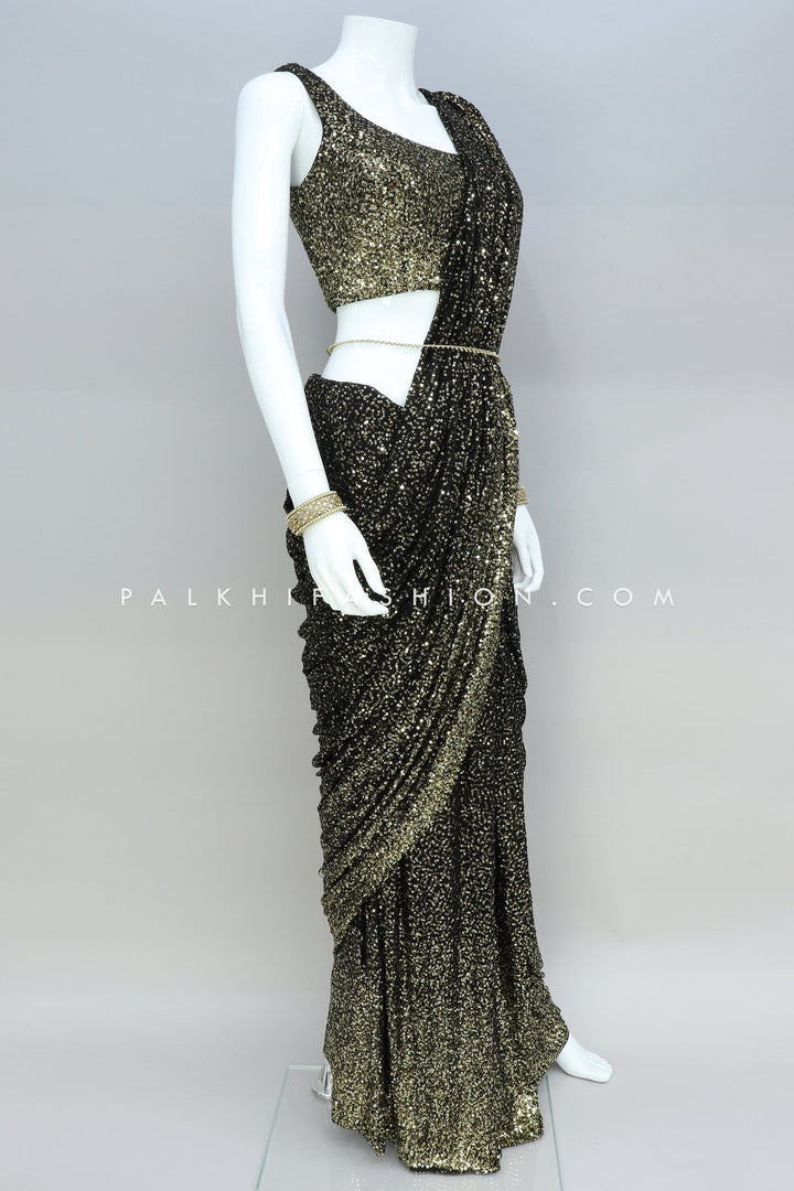 Stunning Black Sequin Saree With Readymade Blouse - Palkhi Fashion