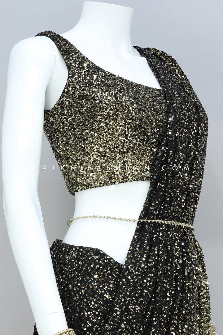 Stunning Black Sequin Saree With Readymade Blouse - Palkhi Fashion