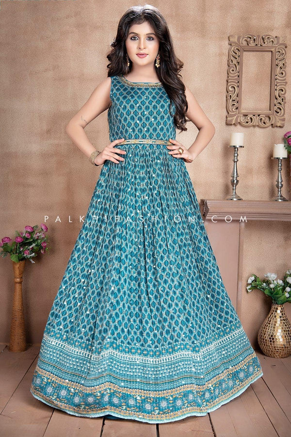 Stunning Light Blue Embroidery Work Gown For Girls - Palkhi Fashion