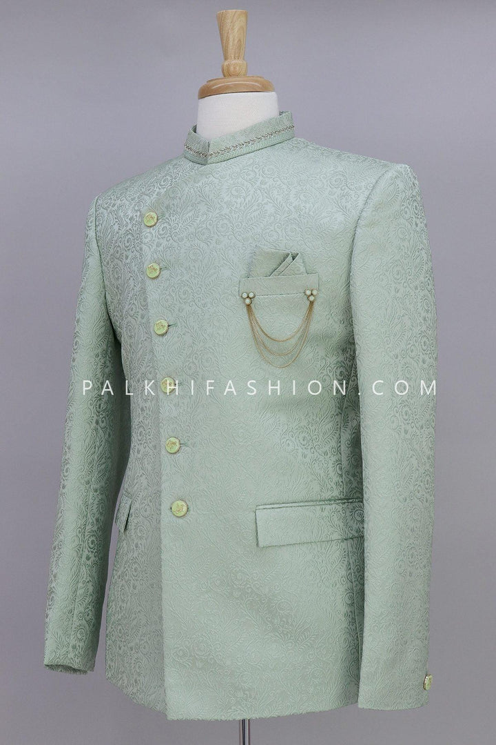 Stunning Light Green Jacquard Silk Jodhpuri Suit - Palkhi Fashion