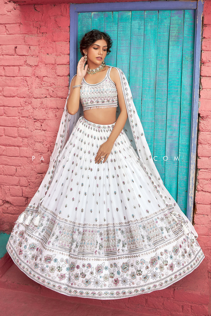 Stunning White Designer Lehenga Choli With Embroidery Work - Palkhi Fashion