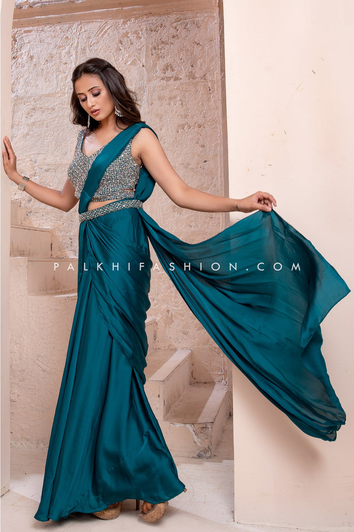 Teal Blue Ready To Wear Saree With Stone & Mirror Work Blouse - Palkhi Fashion