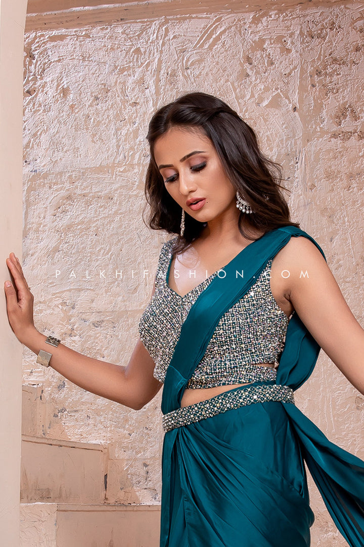 Teal Blue Ready To Wear Saree With Stone & Mirror Work Blouse - Palkhi Fashion