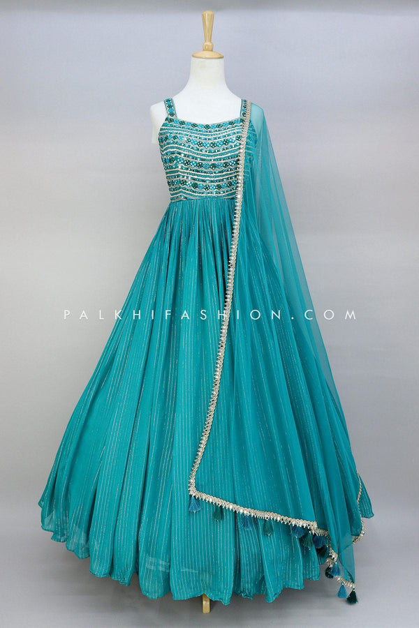 Teal Color Pure Georgette Indian Outfit With Mirror Work - Palkhi Fashion