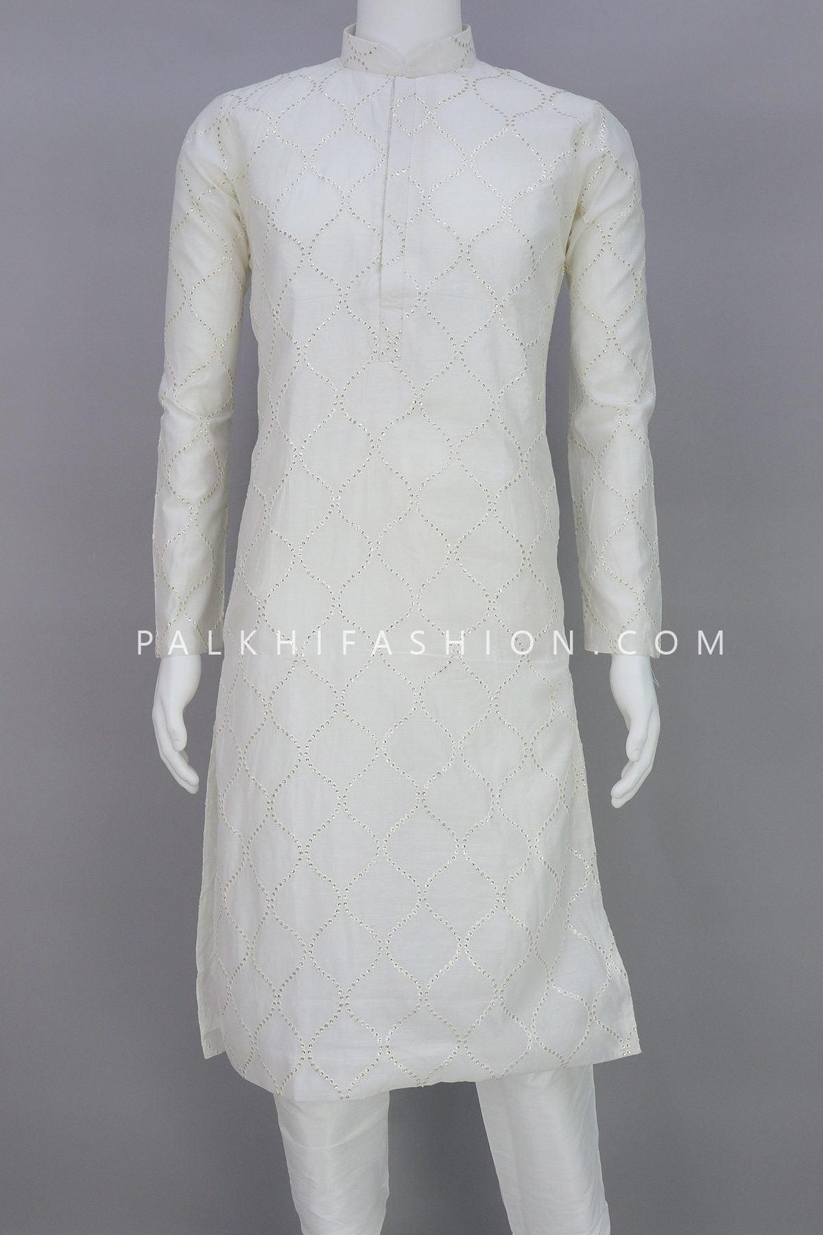 Off White Silk Kurta Pajama With Jacket 252908