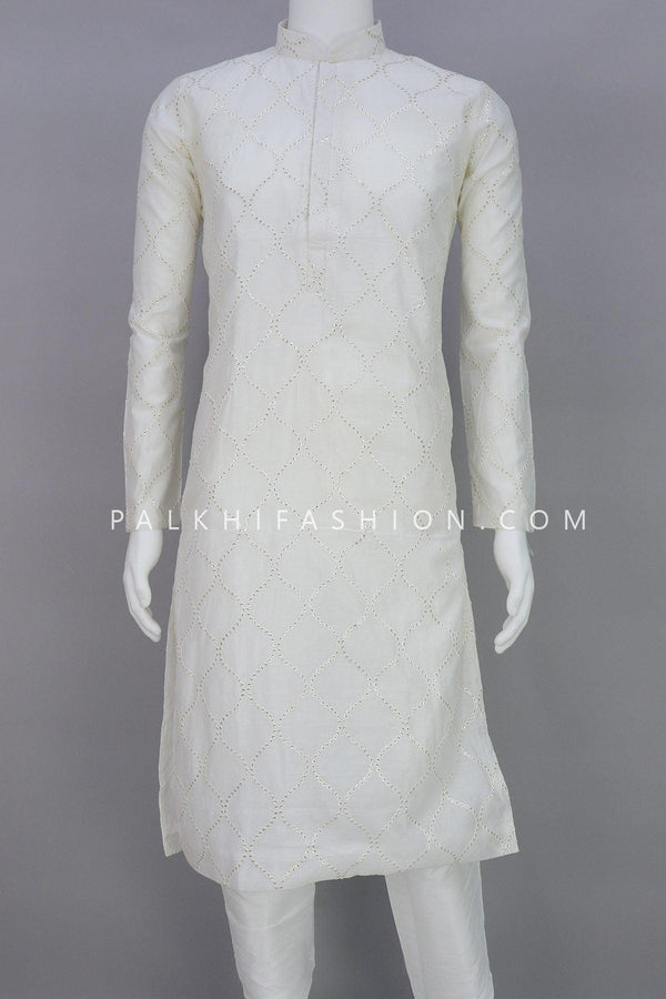 White Soft Silk Embroidery Work Kurta Pajama - Palkhi Fashion