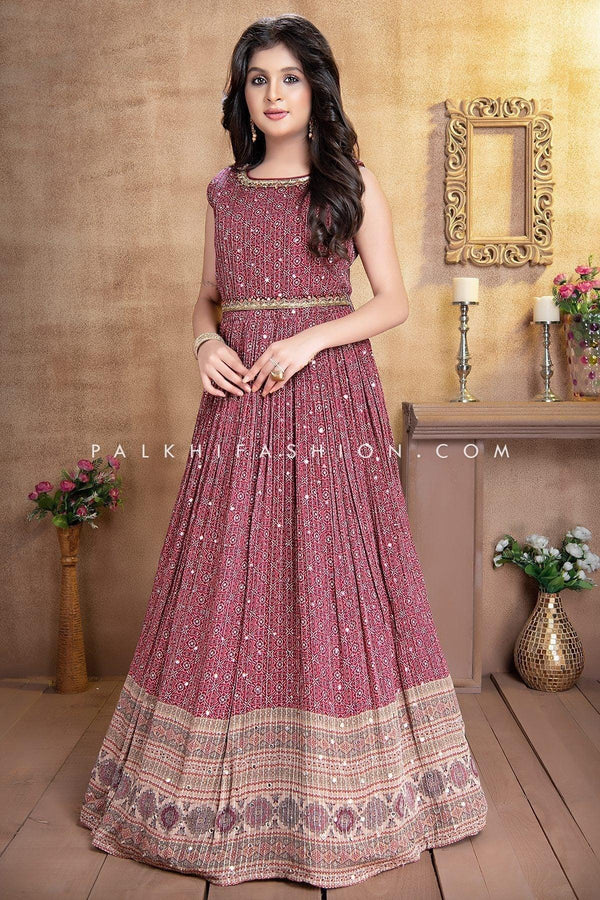 Wine Pure Georgette Embroidery Work Gown For Girls - Palkhi Fashion
