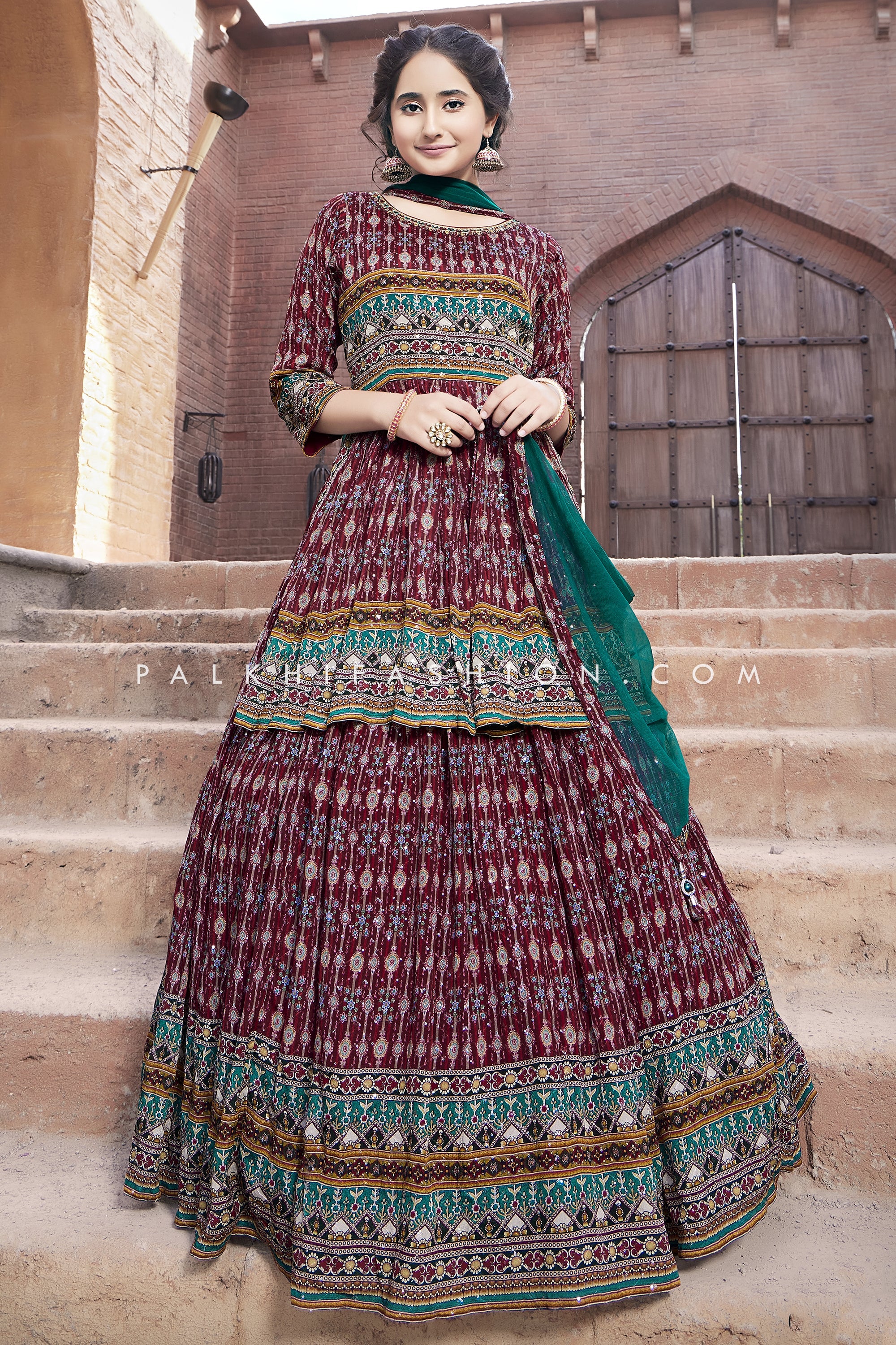 Wine/Teal Green Girl Embroidery Work Designer Lehenga Choli - Palkhi Fashion